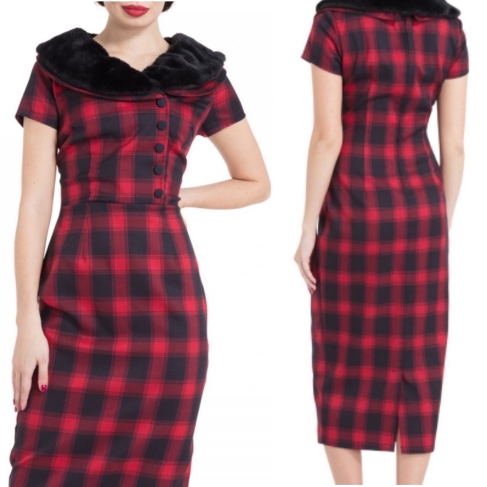 NWT Voodoo Vixen Joan Red Navy Plaid Wiggle Dress Pin Up Rockabilly Kick Pleat